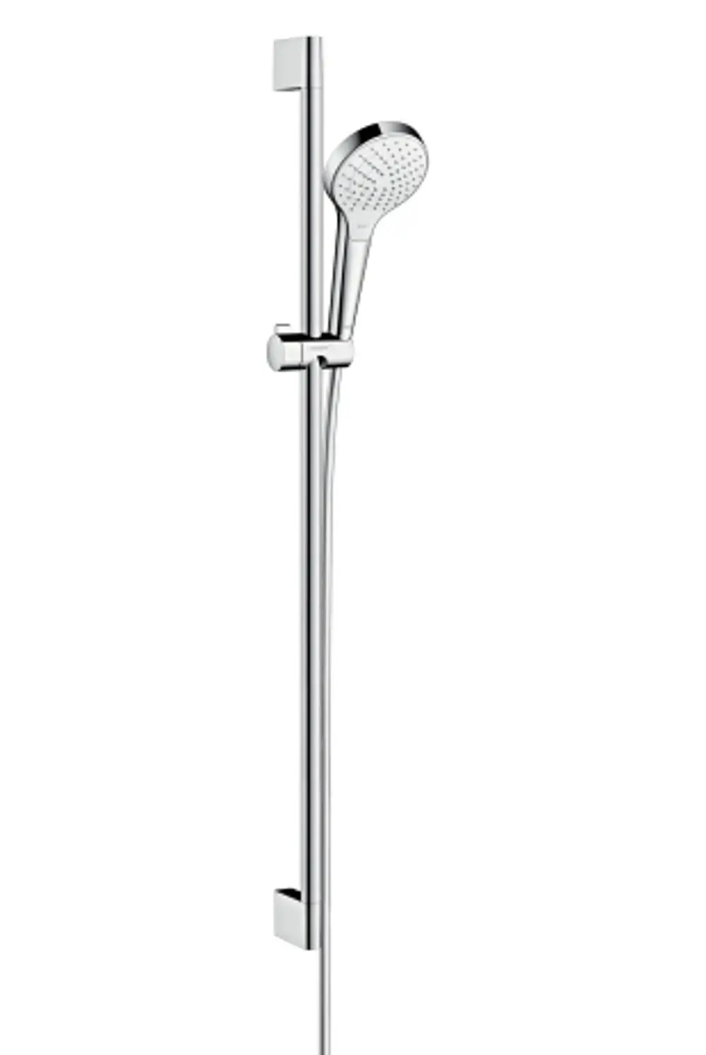 Hansgrohe Duschsystem mit Handbrause und Schlauch, befestigt an einer vertikalen Stange, in Chrom-Optik vor neutralem Hintergrund.